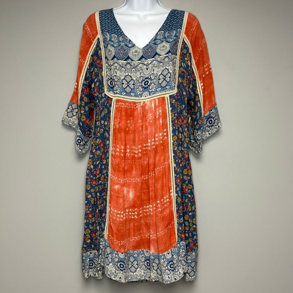 Sundance Boho Floral Lace Bell Sleeve V-Neck Patchwork Midi Shift Dress Sz S‎